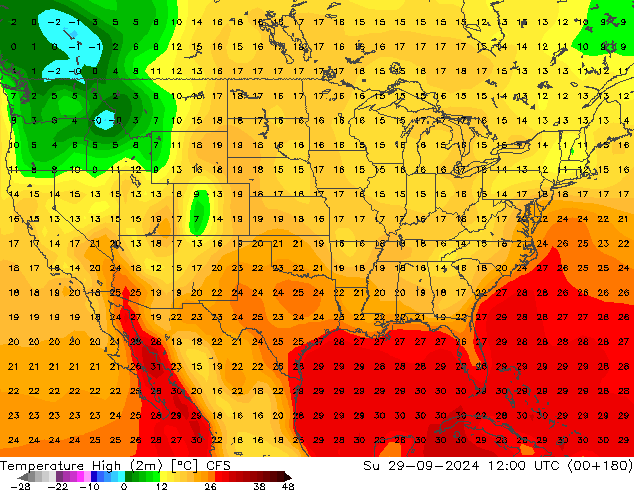 Nejvyšší teplota (2m) CFS Ne 29.09.2024 12 UTC