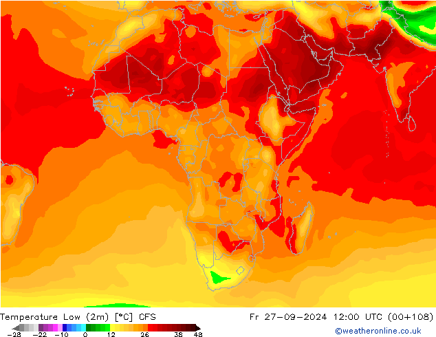 Min.temperatuur (2m) CFS vr 27.09.2024 12 UTC