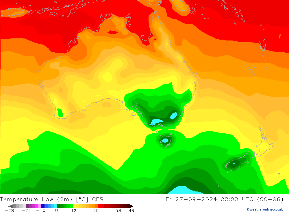 Temperatura mín. (2m) CFS vie 27.09.2024 00 UTC