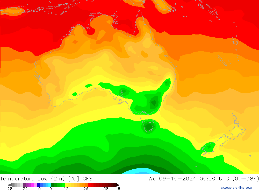 Temperatura mín. (2m) CFS mié 09.10.2024 00 UTC