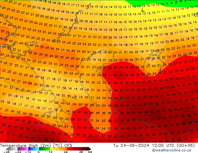 Nejvyšší teplota (2m) CFS Út 24.09.2024 12 UTC