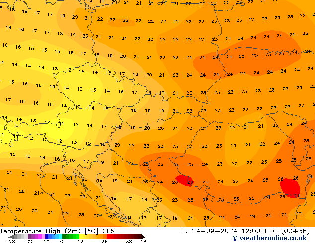 Temp. massima (2m) CFS mar 24.09.2024 12 UTC