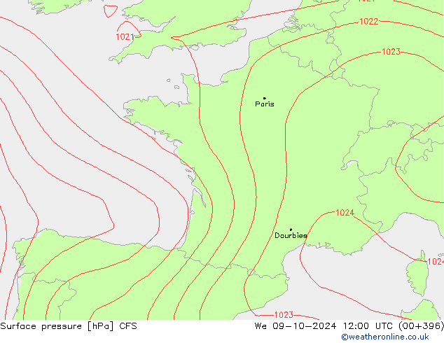 Atmosférický tlak CFS St 09.10.2024 12 UTC