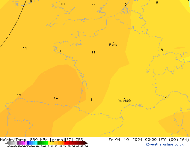 Hoogte/Temp. 850 hPa CFS vr 04.10.2024 00 UTC