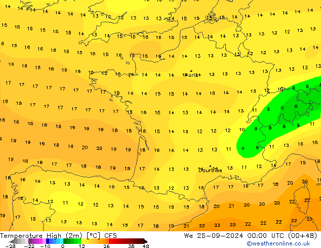 Temp. massima (2m) CFS mer 25.09.2024 00 UTC