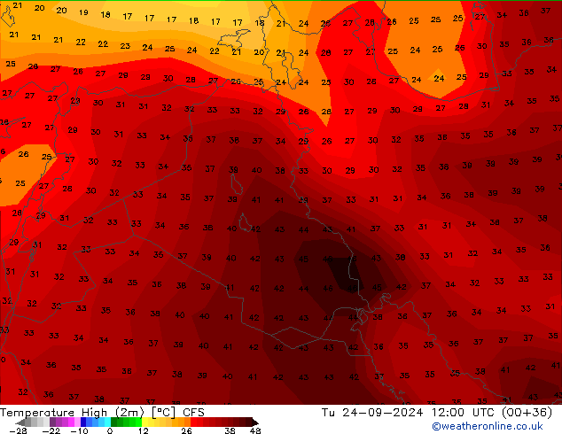 Max.temperatuur (2m) CFS di 24.09.2024 12 UTC