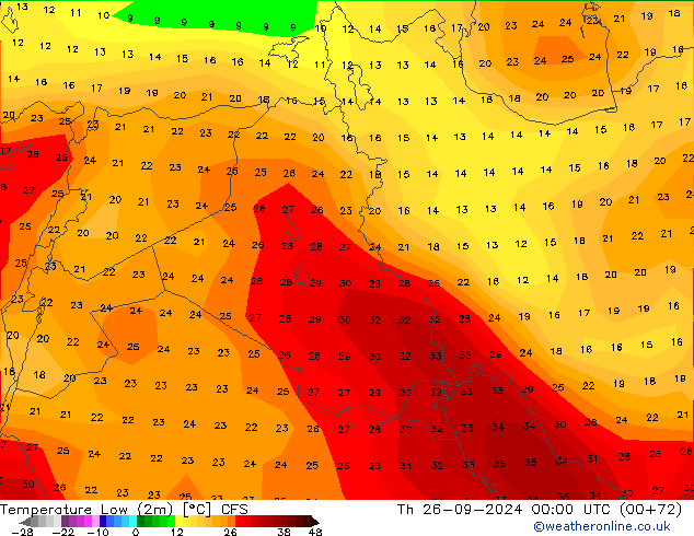 Min.temperatuur (2m) CFS do 26.09.2024 00 UTC