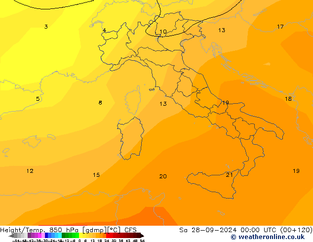 Geop./Temp. 850 hPa CFS sáb 28.09.2024 00 UTC