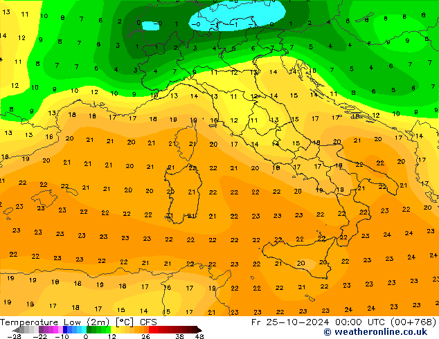 température 2m min CFS ven 25.10.2024 00 UTC