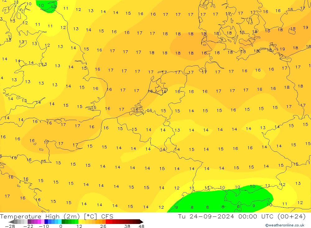 Nejvyšší teplota (2m) CFS Út 24.09.2024 00 UTC