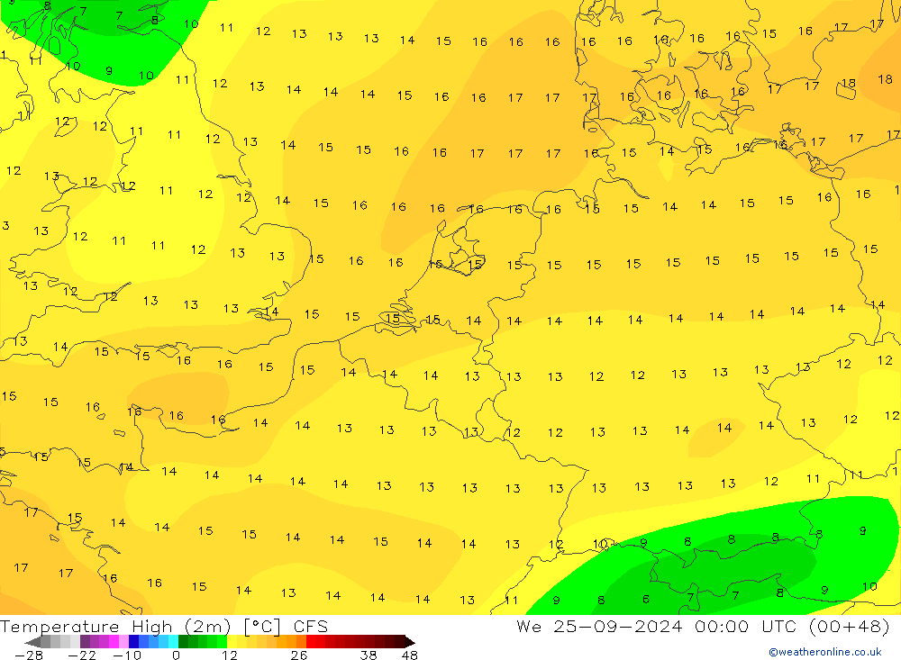 Max.temperatuur (2m) CFS wo 25.09.2024 00 UTC