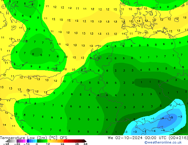 Temperatura mín. (2m) CFS mié 02.10.2024 00 UTC