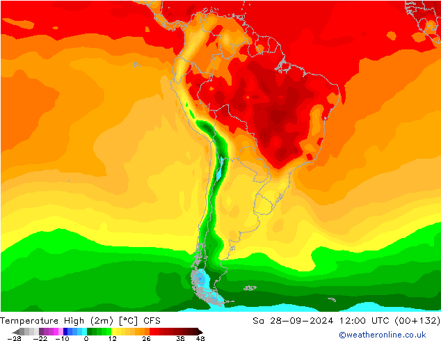 Nejvyšší teplota (2m) CFS So 28.09.2024 12 UTC