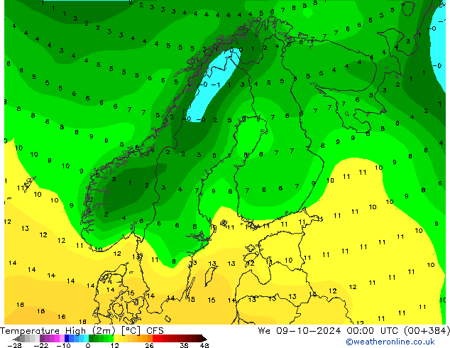 Temp. massima (2m) CFS mer 09.10.2024 00 UTC