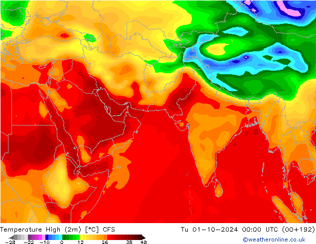 Max.temperatuur (2m) CFS di 01.10.2024 00 UTC