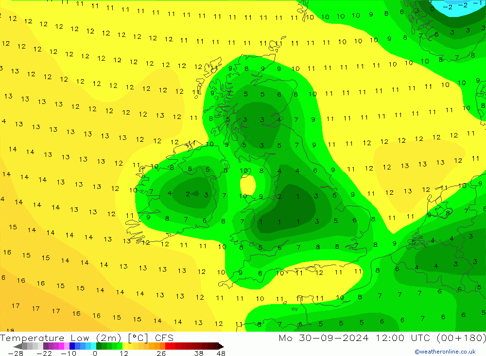 Temperature Low (2m) CFS Mo 30.09.2024 12 UTC