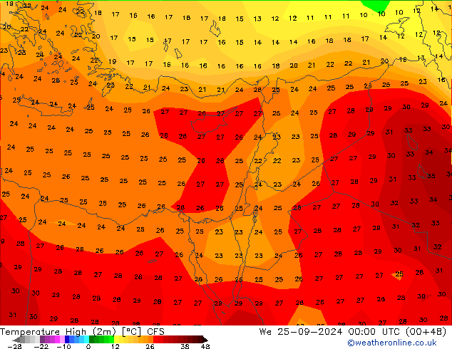 Temp. massima (2m) CFS mer 25.09.2024 00 UTC