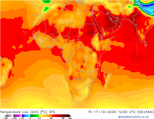 Temperatura mín. (2m) CFS jue 17.10.2024 12 UTC