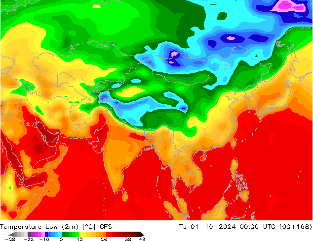 temperatura mín. (2m) CFS Ter 01.10.2024 00 UTC