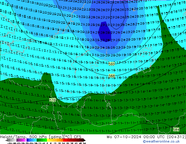 Geop./Temp. 500 hPa CFS lun 07.10.2024 00 UTC