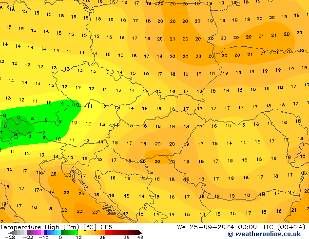 température 2m max CFS mer 25.09.2024 00 UTC