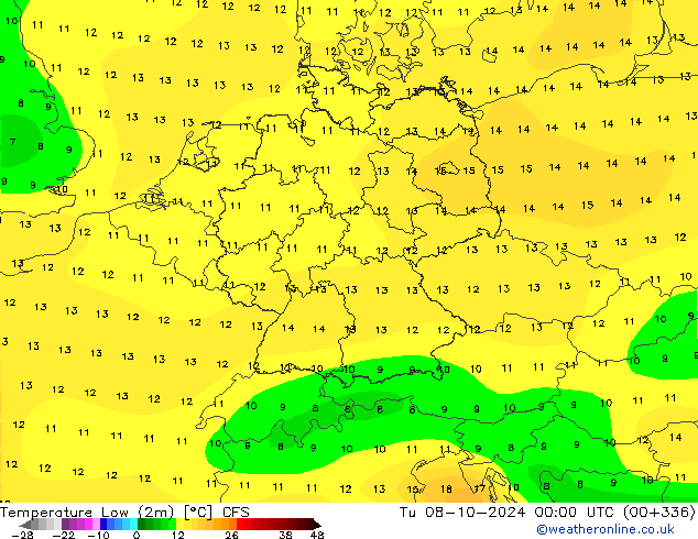 Min. Temperatura (2m) CFS wto. 08.10.2024 00 UTC