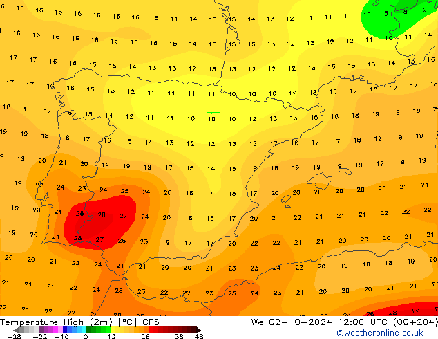 Max. Temperatura (2m) CFS śro. 02.10.2024 12 UTC