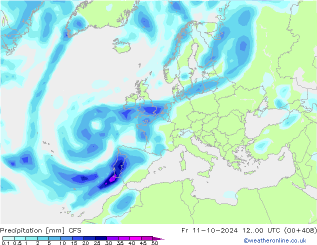 Neerslag CFS vr 11.10.2024 00 UTC