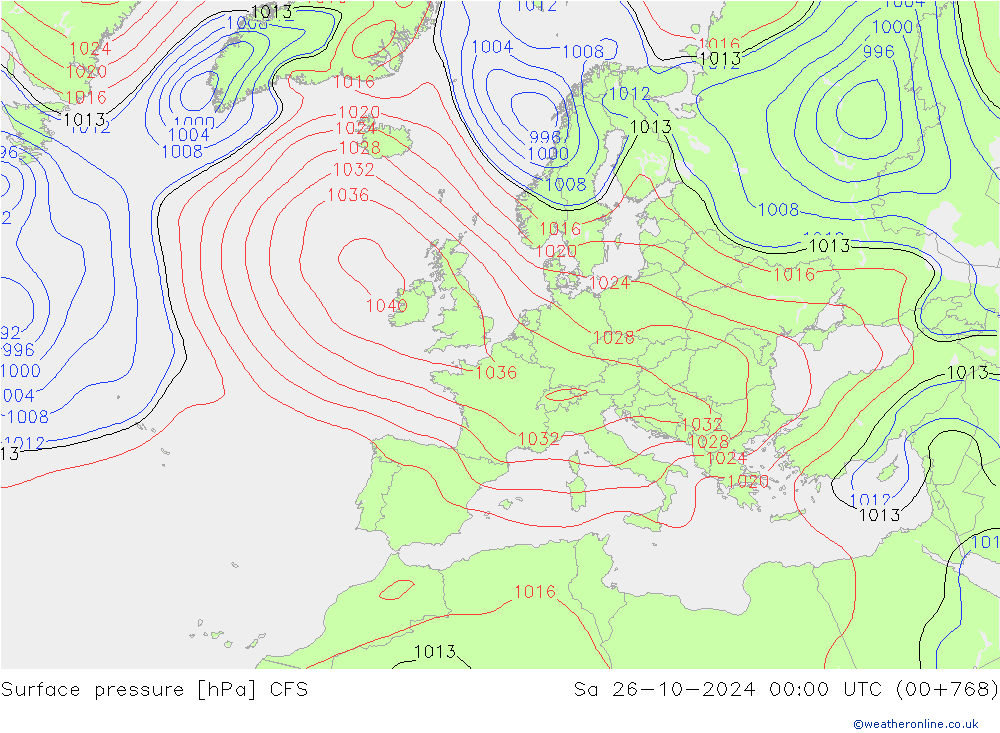 Presión superficial CFS sáb 26.10.2024 00 UTC