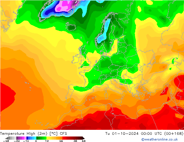 Max.temperatuur (2m) CFS di 01.10.2024 00 UTC