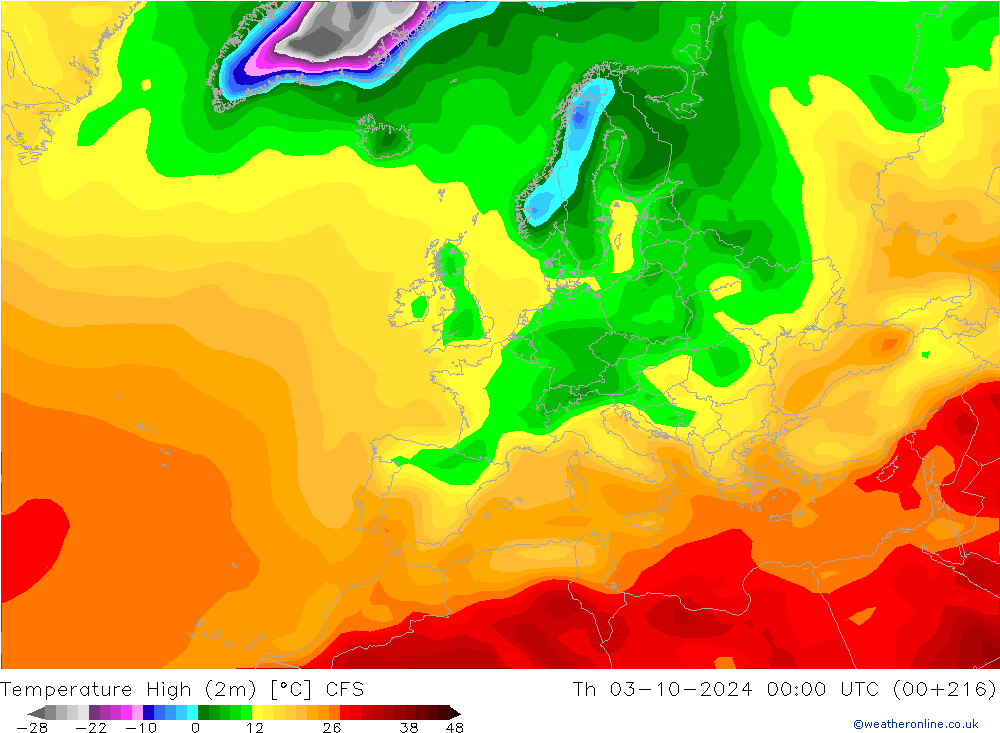 Max.temperatuur (2m) CFS do 03.10.2024 00 UTC