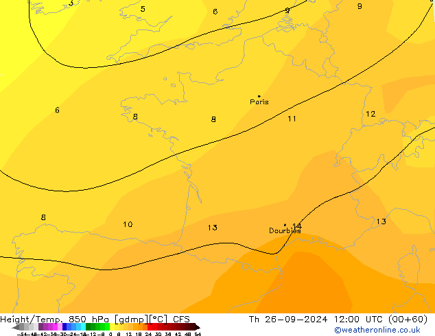 Height/Temp. 850 гПа CFS чт 26.09.2024 12 UTC