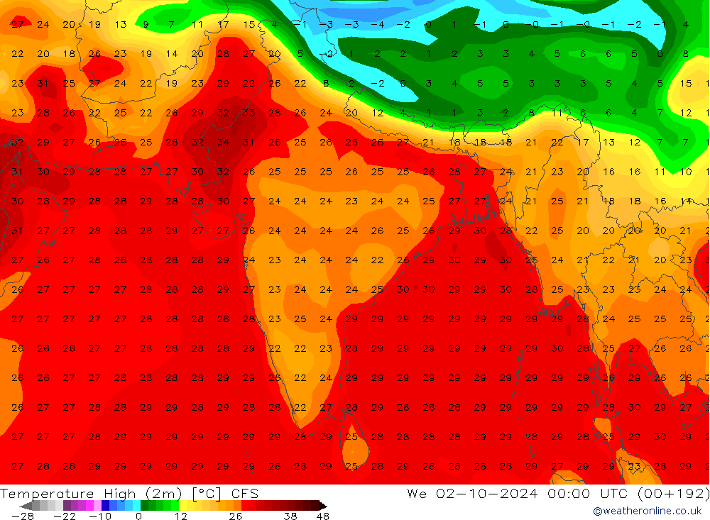 Temp. massima (2m) CFS mer 02.10.2024 00 UTC