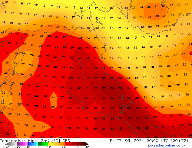 Max. Temperatura (2m) CFS pt. 27.09.2024 00 UTC