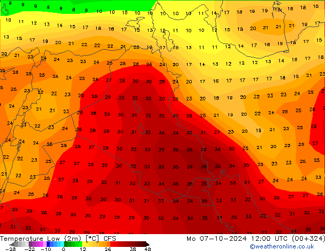 temperatura mín. (2m) CFS Seg 07.10.2024 12 UTC