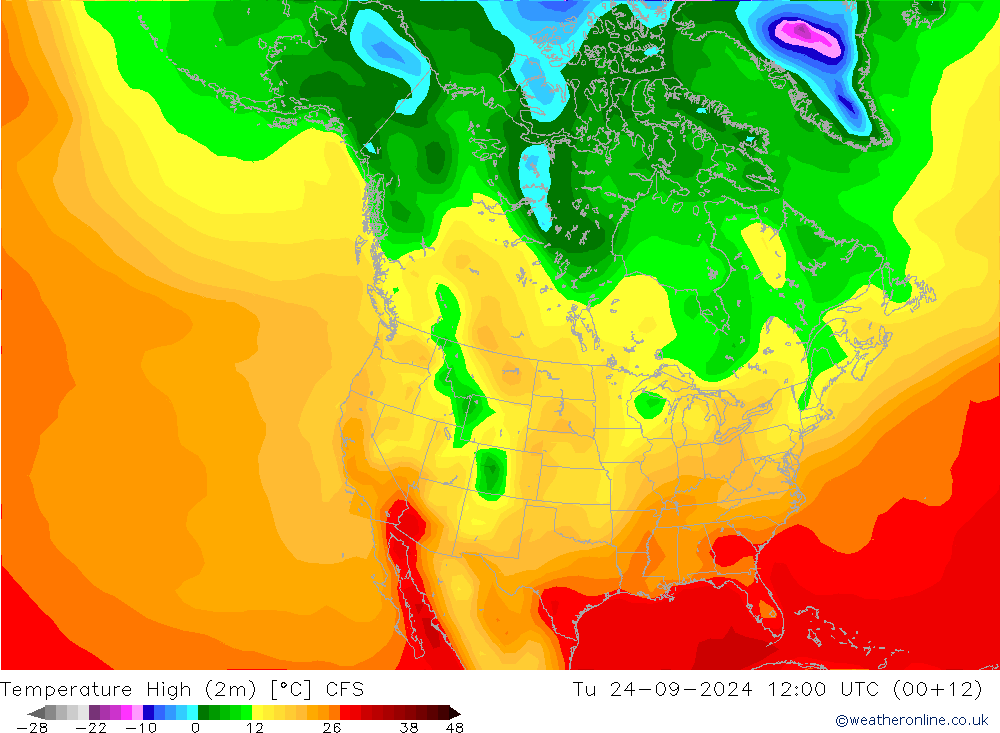 Max. Temperatura (2m) CFS wto. 24.09.2024 12 UTC