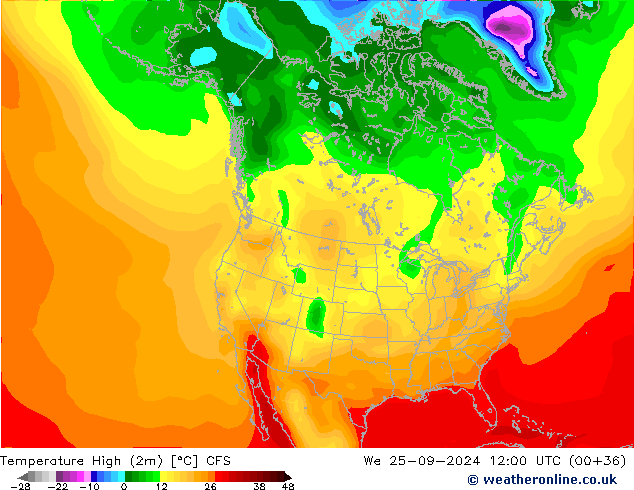 Max. Temperatura (2m) CFS śro. 25.09.2024 12 UTC