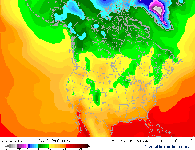 temperatura mín. (2m) CFS Qua 25.09.2024 12 UTC