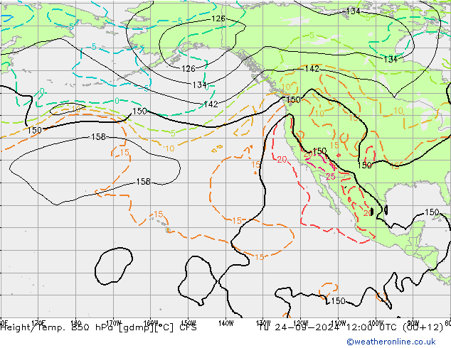 Height/Temp. 850 гПа CFS вт 24.09.2024 12 UTC