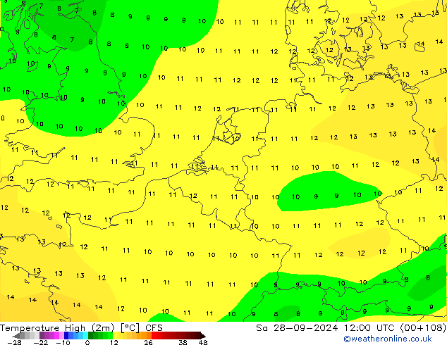 Nejvyšší teplota (2m) CFS So 28.09.2024 12 UTC