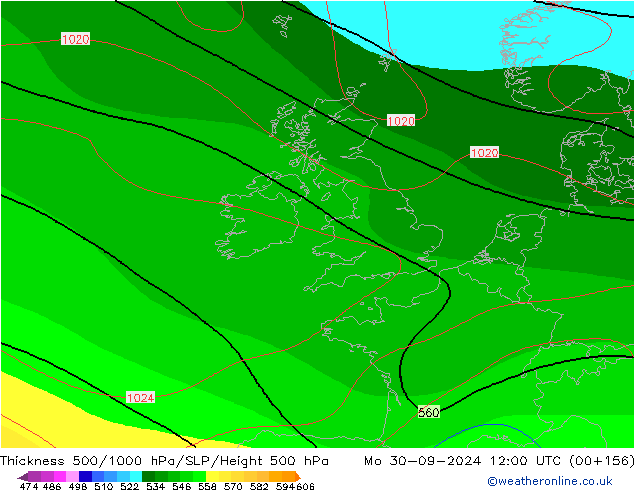 Espesor 500-1000 hPa CFS lun 30.09.2024 12 UTC