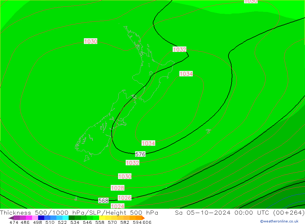 Espesor 500-1000 hPa CFS sáb 05.10.2024 00 UTC