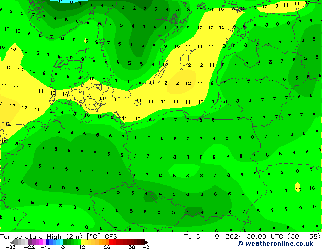 Nejvyšší teplota (2m) CFS Út 01.10.2024 00 UTC