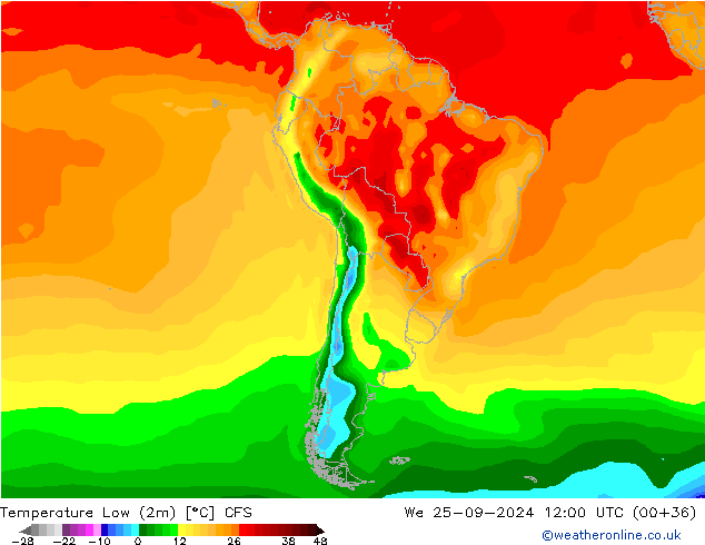 Min.temperatuur (2m) CFS wo 25.09.2024 12 UTC