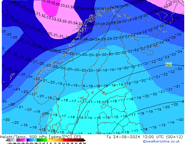 Height/Temp. 500 гПа CFS вт 24.09.2024 12 UTC