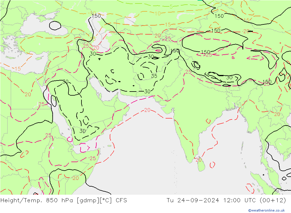 Yükseklik/Sıc. 850 hPa CFS Sa 24.09.2024 12 UTC