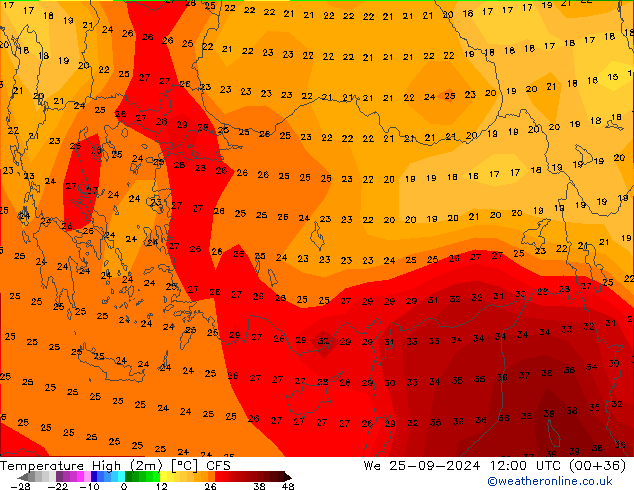 temperatura máx. (2m) CFS Qua 25.09.2024 12 UTC