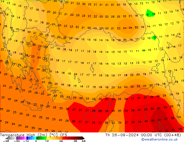 Max.temperatuur (2m) CFS do 26.09.2024 00 UTC