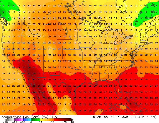 temperatura mín. (2m) CFS Qui 26.09.2024 00 UTC