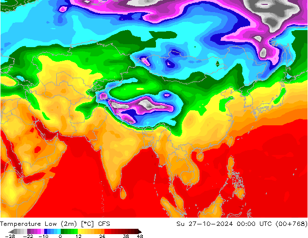 Temperature Low (2m) CFS Su 27.10.2024 00 UTC